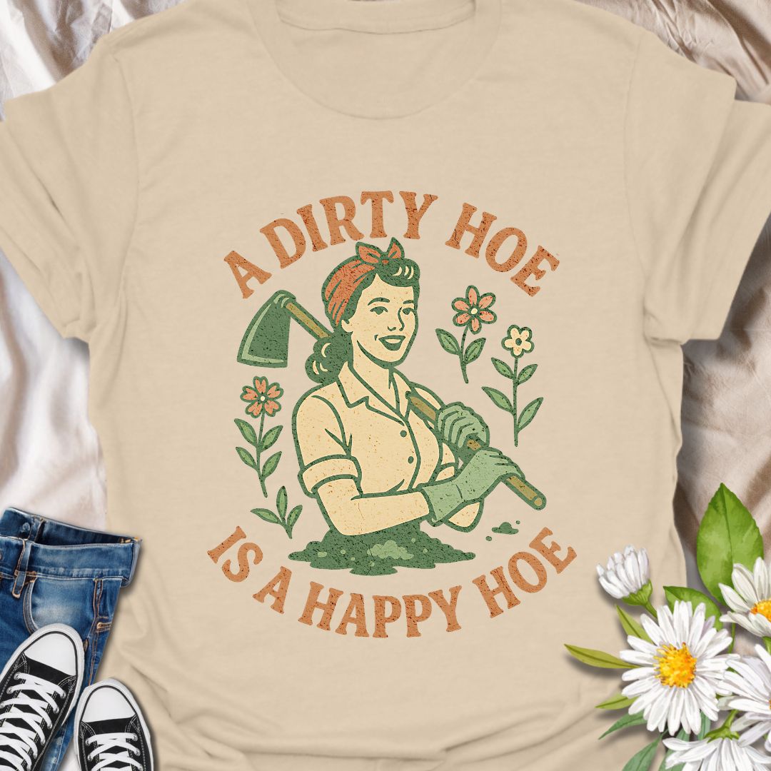 Bring humor to the garden with this cheeky and playful gardening shirt with "A Dirty Hoe is a Happy Hoe. Featuring a retro-style design and a double entendre that plant lovers will appreciate, it's perfect for garden enthusiasts with a sense of humor. Ideal for gifts, birthdays, or just digging in the dirt with style.