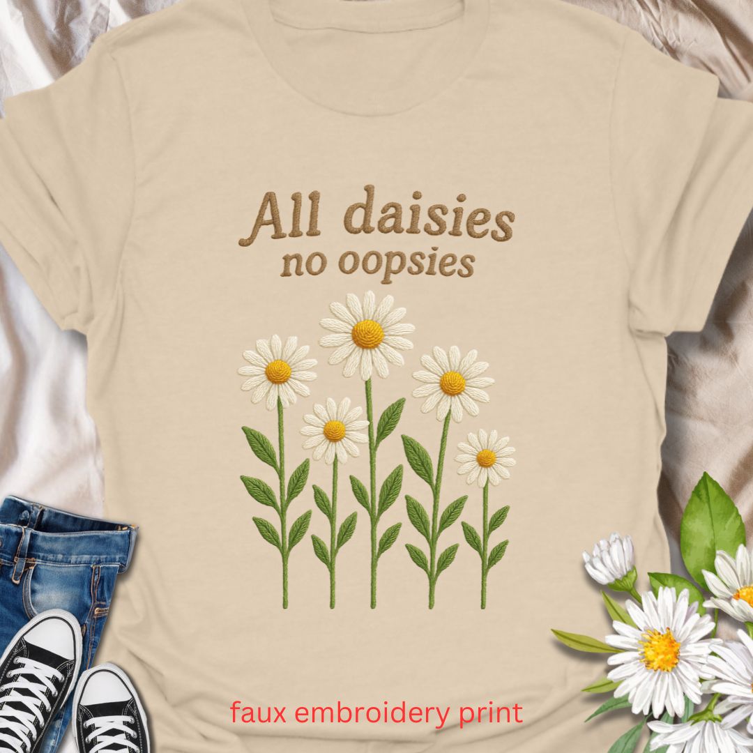 Bring a playful twist to your plant-loving wardrobe with this faux embroidery “All Daisies No Oopsies” t-shirt. Featuring a charming stitched-look daisy design, this tee blends floral cheer with a fun phrase, perfect for gardeners, plant moms, and anyone who loves whimsical nature-themed apparel.