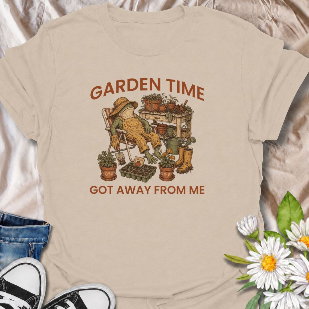 Celebrate losing track of time in the garden with this funny “Garden Time Got Away From Me” T-shirt. Featuring a relaxed frog surrounded by pots, seedlings, gardening tools, and muddy boots, it perfectly captures an afternoon that turned into an all-day garden session. A charming gift for gardeners, plant lovers, and anyone happiest pottering outdoors.
