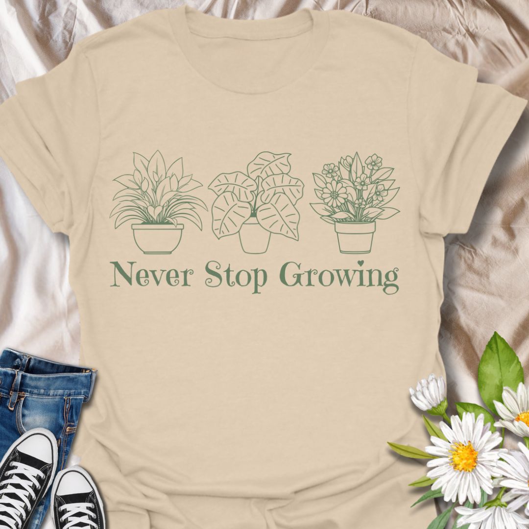 Encourage growth and positivity with this minimalist plant pots t-shirt that reads “Never Stop Growing.” A perfect daily inspiration tee for gardeners, plant lovers, and growth-minded individuals.