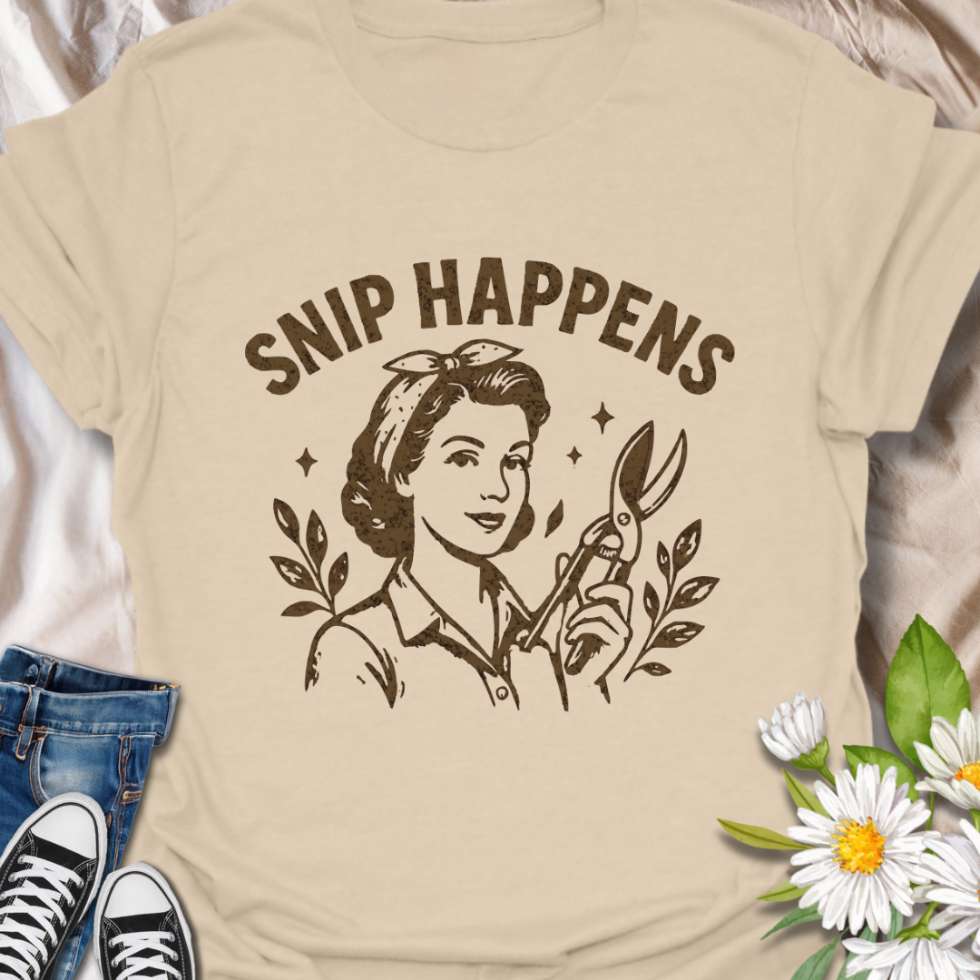 Add a witty twist to your garden gear with this “Snip Happens” t-shirt, featuring a vintage-style gardener wielding pruning shears. Perfect for plant lovers, horticulturists, and anyone with a green thumb and a sense of humor, this bold yellow tee brings style and laughs to the garden or the street. Makes a fun gift for gardening moms, grandmas, or plant parents.