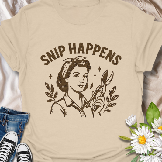 Add a witty twist to your garden gear with this “Snip Happens” t-shirt, featuring a vintage-style gardener wielding pruning shears. Perfect for plant lovers, horticulturists, and anyone with a green thumb and a sense of humor, this bold yellow tee brings style and laughs to the garden or the street. Makes a fun gift for gardening moms, grandmas, or plant parents.