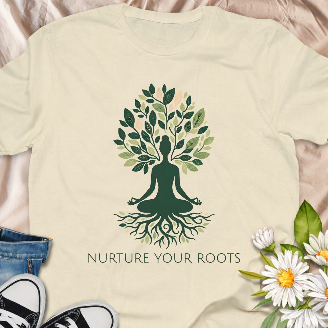 A calming botanical t-shirt featuring a tree of life illustration and the phrase “Nurture Your Roots.” A meaningful nature-inspired tee for plant lovers, gardeners, and anyone drawn to mindfulness, growth, and grounding through nature.
