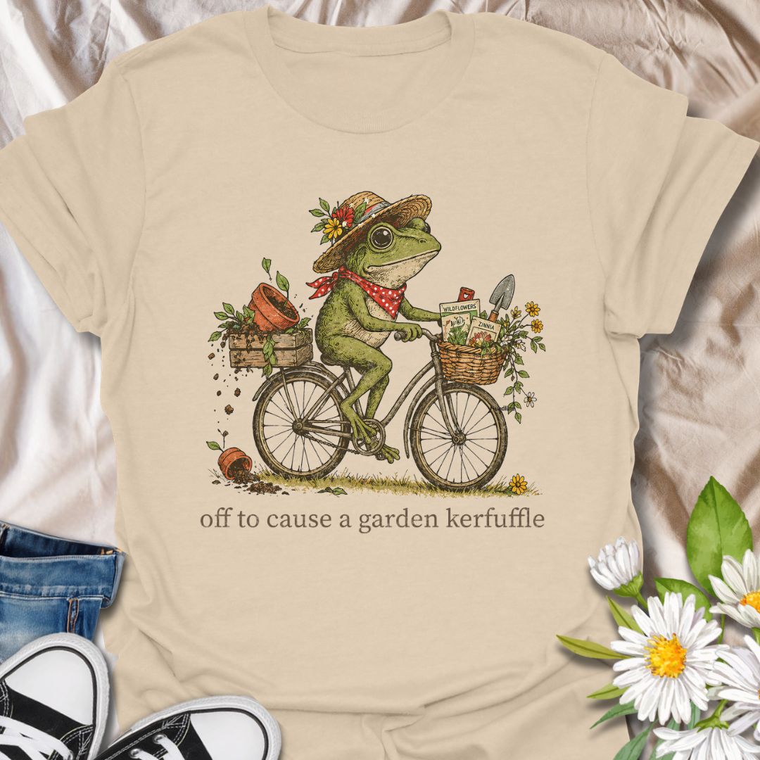 Off to Cause a Garden Kerfuffle Funny Frog Gardening T-Shirt