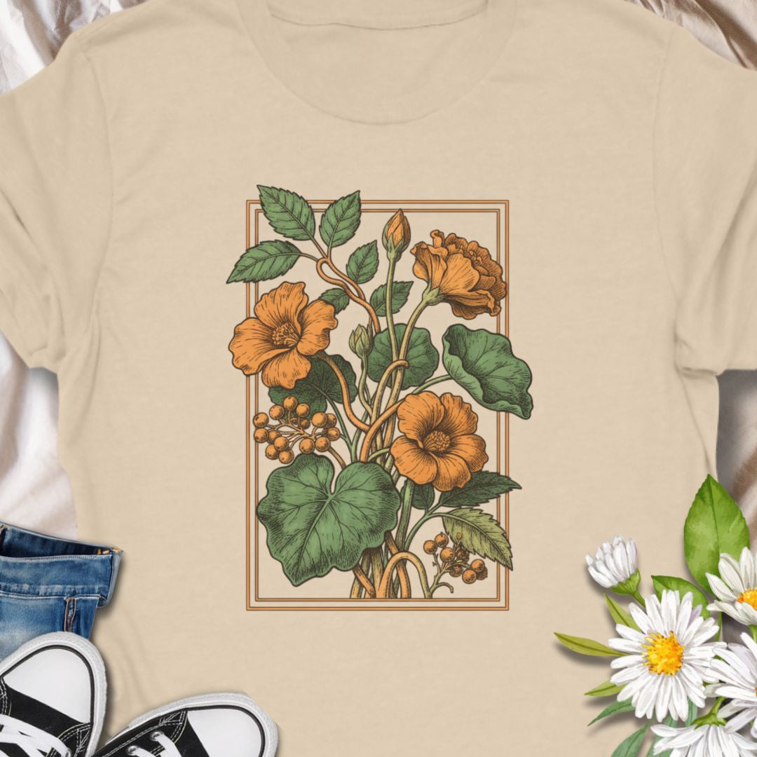 Retro floral graphic tee with Nasturtium style orange botanical blooms. Perfect for plant lovers, gardeners, and vintage-style enthusiasts. 