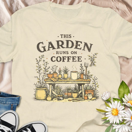 Celebrate your caffeine-fueled gardening sessions with this “This Garden Runs On Coffee” t-shirt. Featuring a cozy potting bench, steaming mug, and garden tools, it’s the perfect funny gift for coffee-loving gardeners, plant moms, and allotment addicts.