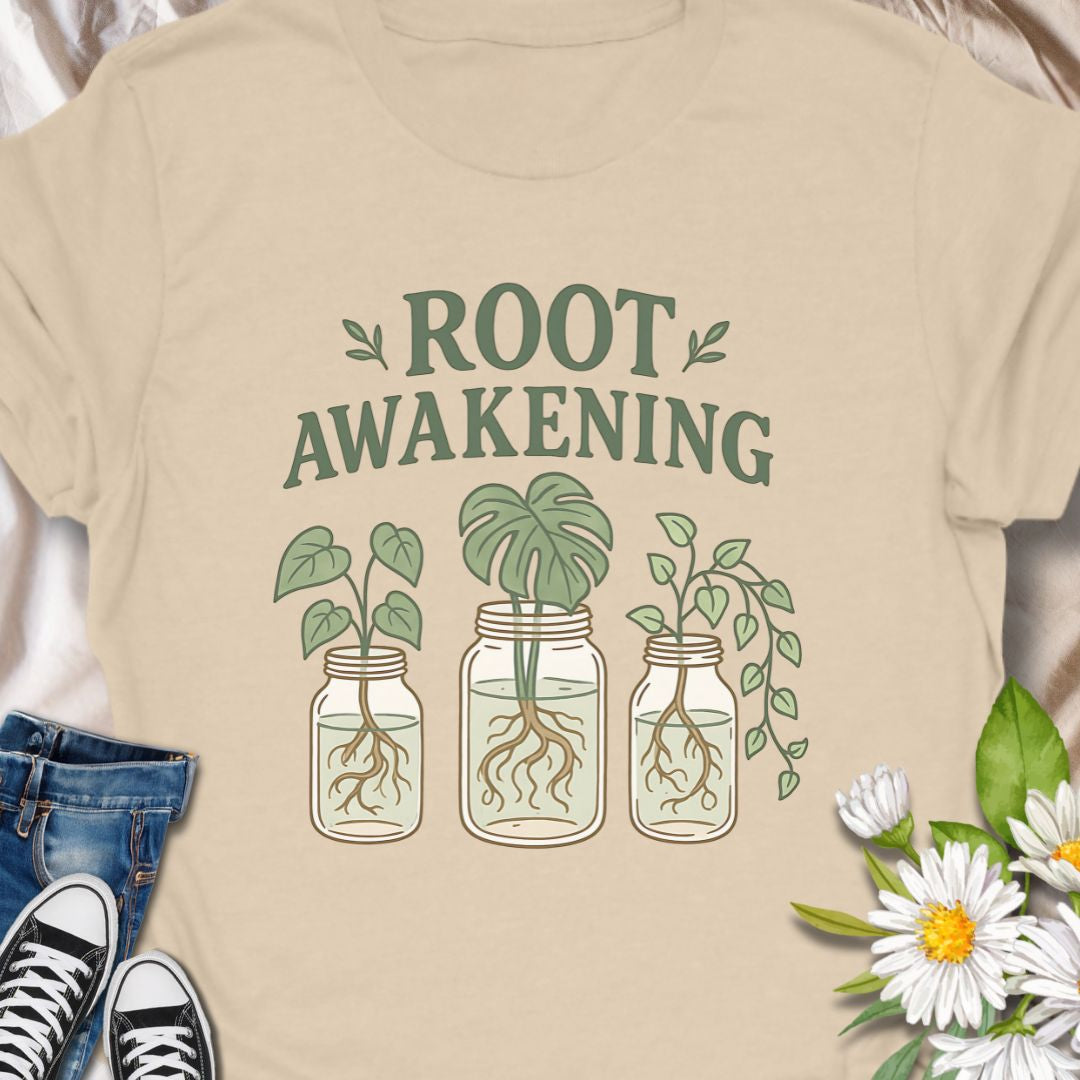 
For plant enthusiasts who love jar propagation, this t-shirt blends clever wordplay with a soft green aesthetic - Soft, lived-in comfort meets quiet green joy. This  tee carries a gentle plant-lover’s message — ‘Root Awakening’ above three mason jars with thriving cuttings and visible roots. The muted greens and hand-drawn lines give it a botanical, cottage-core vibe that reads as calm and intentional. 