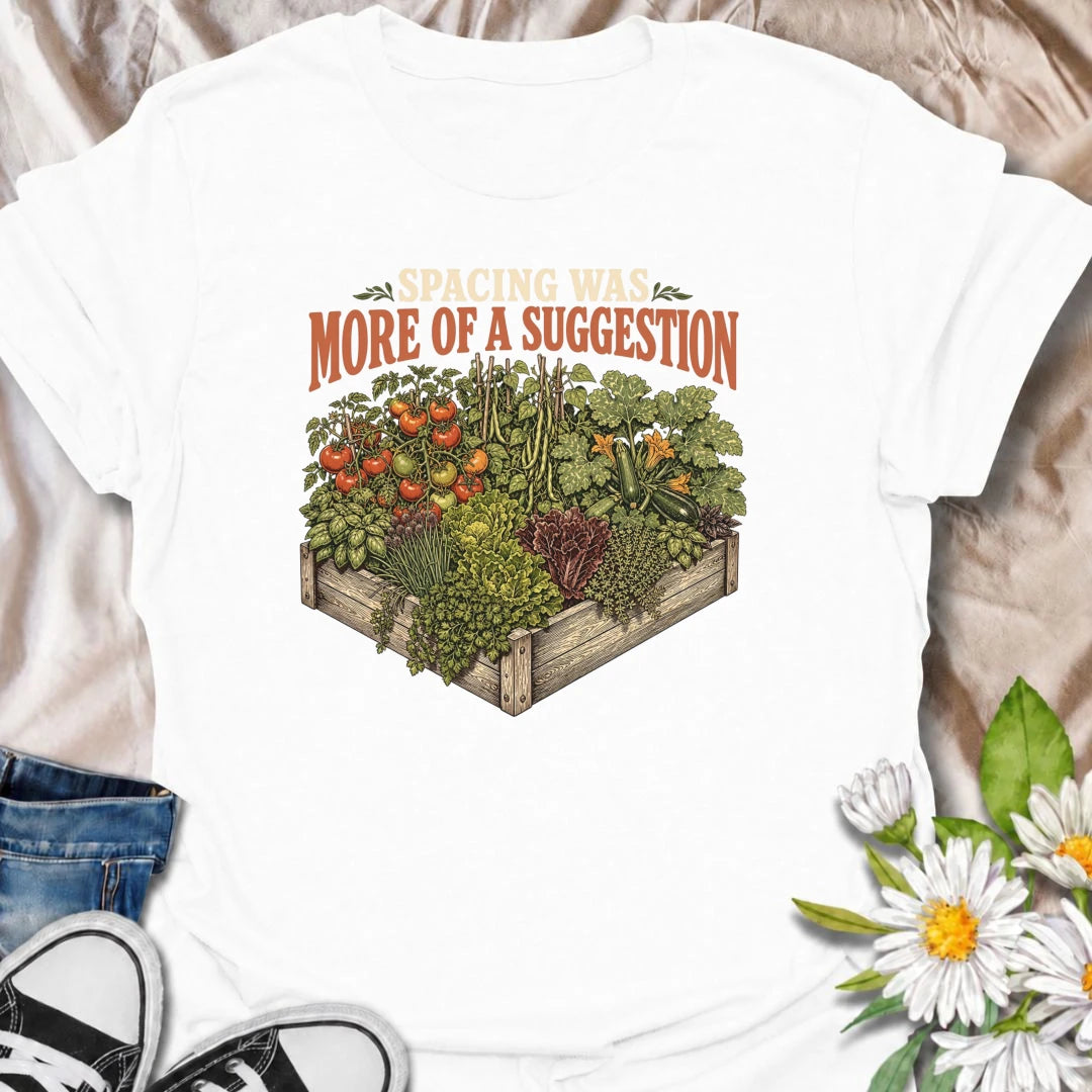 A funny gardening T-shirt for anyone who treats recommended plant spacing as more of a guideline than a rule. Featuring an overflowing raised garden bed packed with tomatoes, greens, herbs, and vegetables, this design is perfect for enthusiastic backyard growers. The phrase “Spacing Was More of a Suggestion” captures the familiar chaos of squeezing in just one more plant. It makes a great gift for vegetable gardeners, raised-bed growers, and anyone who loves a densely planted garden. Ideal for garden days, 
