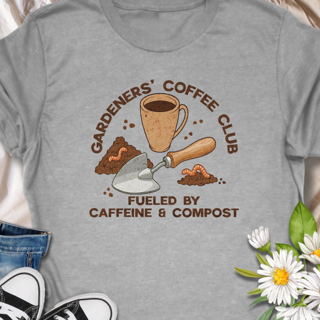 Join the unofficial club for caffeine-fueled gardeners with this fun and earthy "Gardeners' Coffee Club" t-shirt. Perfect for green thumbs who love a hot cup and healthy soil, this design is a cozy blend of humor and horticulture.
The t-shirt that speaks to mornings spent with soil on your hands and a warm mug nearby. 