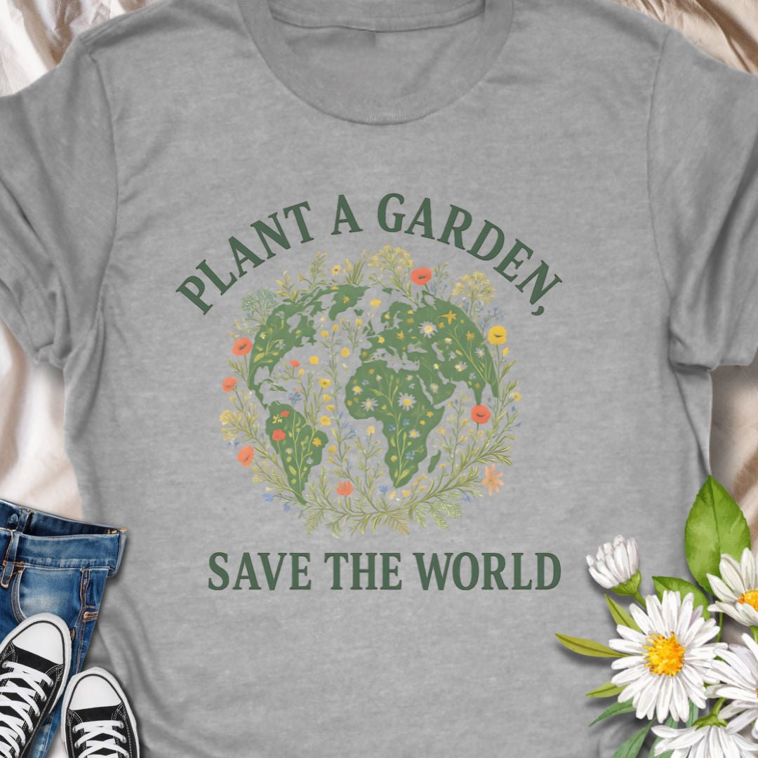 Inspire eco-conscious gardening with this "Plant a Garden, Save the World" t-shirt. Perfect for Earth Day, gardeners, and plant-based lifestyle advocates. This tee carries a gentle message: Plant a garden, save the world. The artful globe filled with leaves, flowers, and tiny pollinators sits center chest—subtle, hopeful, and easy to wear every day. 