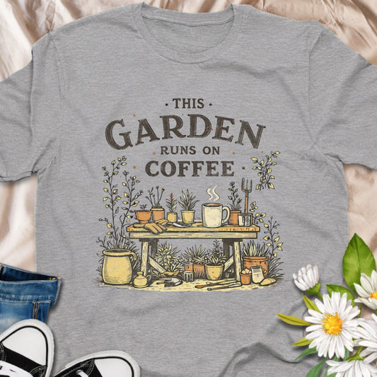 Celebrate your caffeine-fueled gardening sessions with this “This Garden Runs On Coffee” t-shirt. Featuring a cozy potting bench, steaming mug, and garden tools, it’s the perfect funny gift for coffee-loving gardeners, plant moms, and allotment addicts.