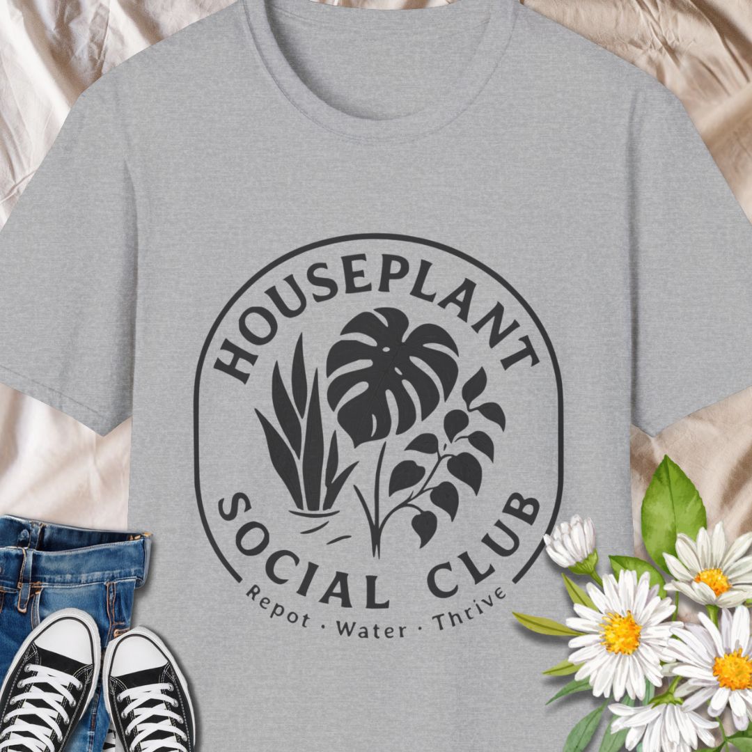 Join the green-thumb crew with this stylish “Houseplant Social Club” t-shirt featuring classic indoor plants like monstera, pothos, and snake plant. A perfect tee for plant lovers who live to repot, water, and thrive. Great gift for gardeners, plant moms, and urban jungle enthusiasts.
