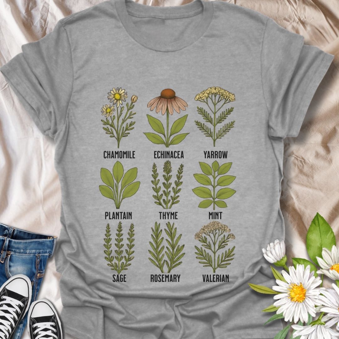 Educational and stylish herbal plants t-shirt featuring hand-drawn illustrations of chamomile, echinacea, yarrow, thyme, mint, rosemary, and more. A perfect gift for gardeners, herbalists, and plant enthusiasts who love natural remedies and botany-inspired fashion.