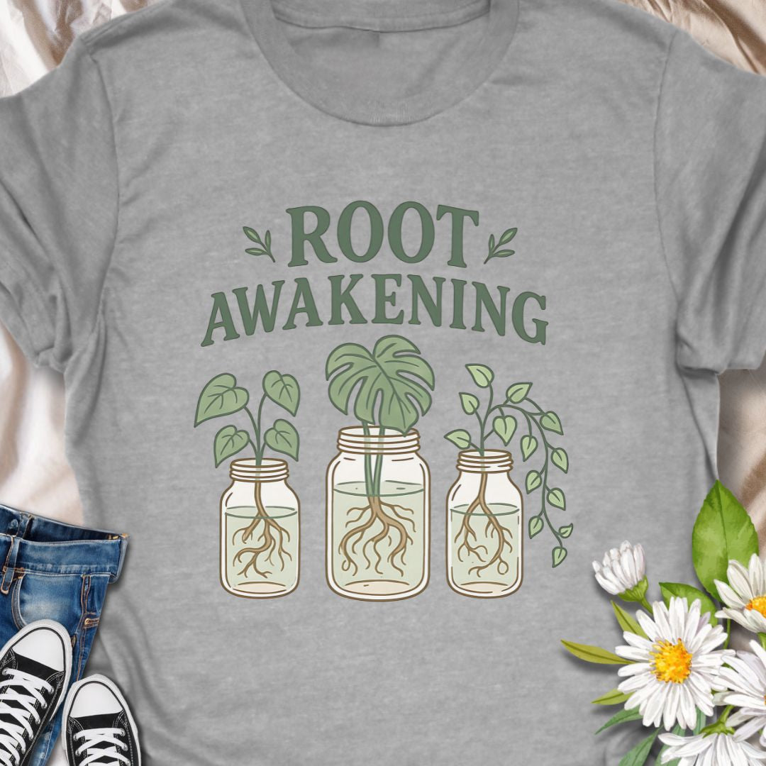 
For plant enthusiasts who love jar propagation, this t-shirt blends clever wordplay with a soft green aesthetic - Soft, lived-in comfort meets quiet green joy. This  tee carries a gentle plant-lover’s message — ‘Root Awakening’ above three mason jars with thriving cuttings and visible roots. The muted greens and hand-drawn lines give it a botanical, cottage-core vibe that reads as calm and intentional. 