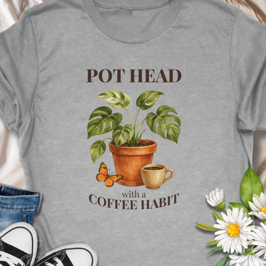  Funny houseplant and coffee themed teem, with the cheeky line  'Pot Head with a Coffee Habit' design for plant lovers and caffeine fans.