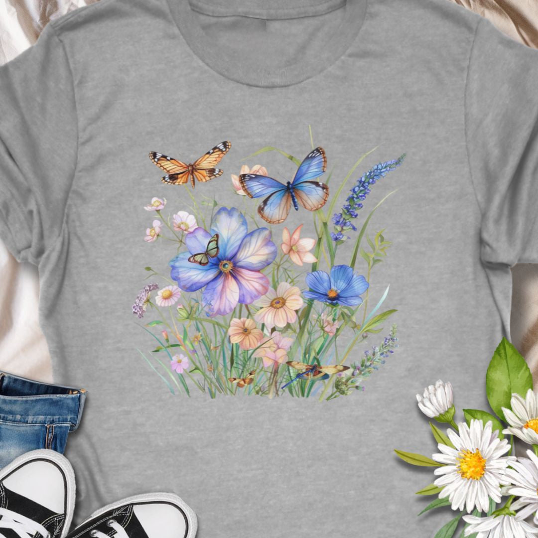 Beautiful nature tee with a delicate meadow of wildflowers and butterflies. simple, and quietly evocative. 
