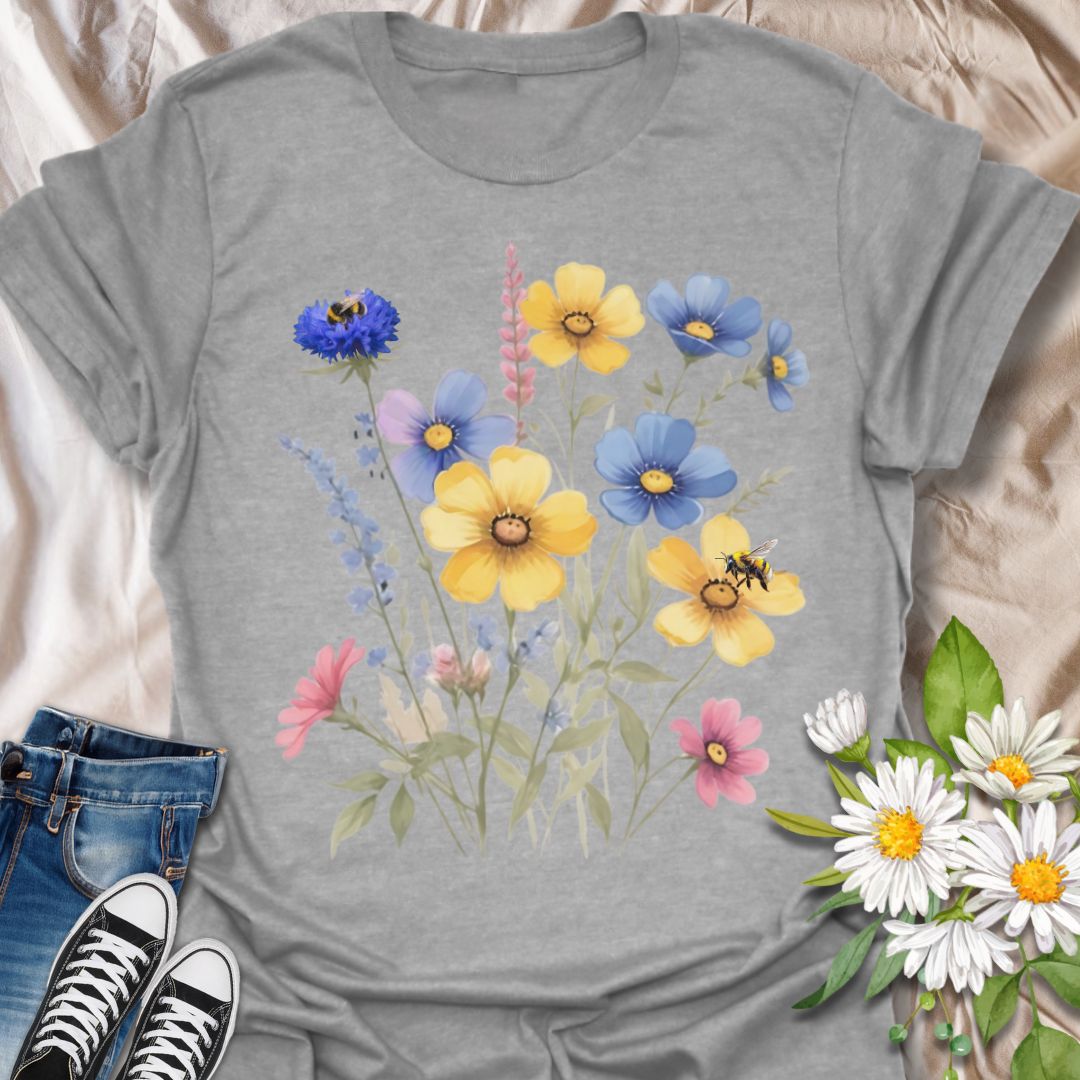 Beautiful floral t-shirt with pastel wildflowers and busy bees. A cheerful, nature-inspired design celebrating pollinators and blossoms. Perfect for bee lovers, gardeners, and anyone who appreciates sunshine, flowers, and the magic of nature in bloom.