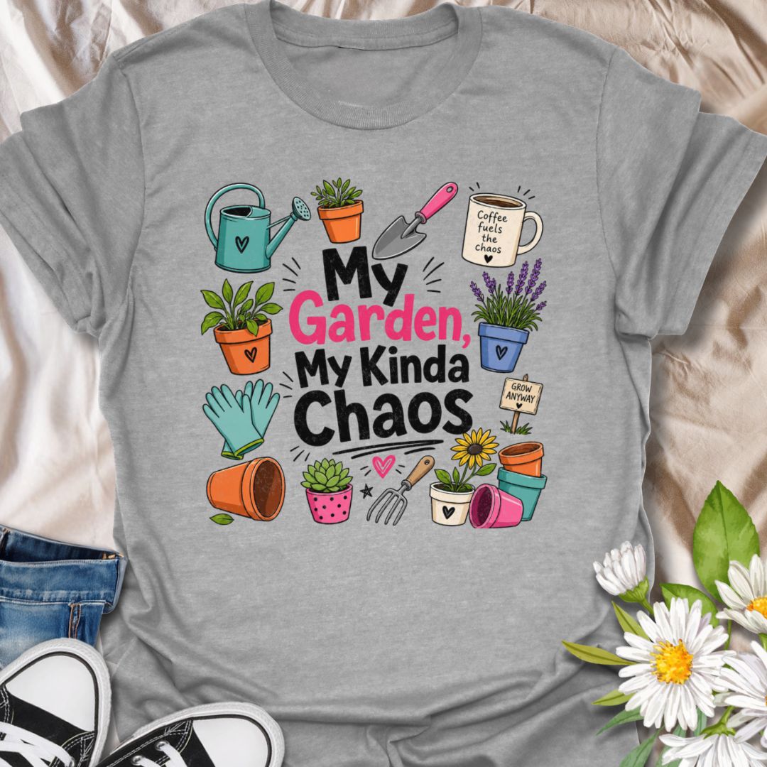 This My Garden My Kinda Chaos t-shirt is made for gardeners who know the best growing spaces are a little messy, colorful, and full of personality. Featuring bold playful typography surrounded by plant pots, a watering can, gloves, garden tools, lavender, coffee, succulents, and cheerful botanical doodles, this design has a fun garden-humor feel for everyday wear. Perfect for gardeners, plant lovers, backyard growers, flower fans, plant moms, and anyone whose happy place is a beautifully chaotic garden.