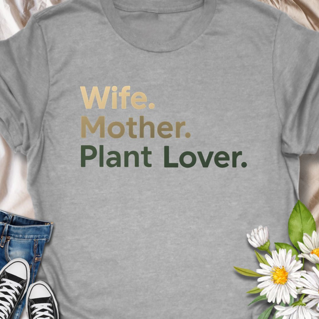 Celebrate love, family, and greenery with this bold, minimalist ‘Wife. Mother. Plant Lover’ shirt – perfect for stylish plant moms.