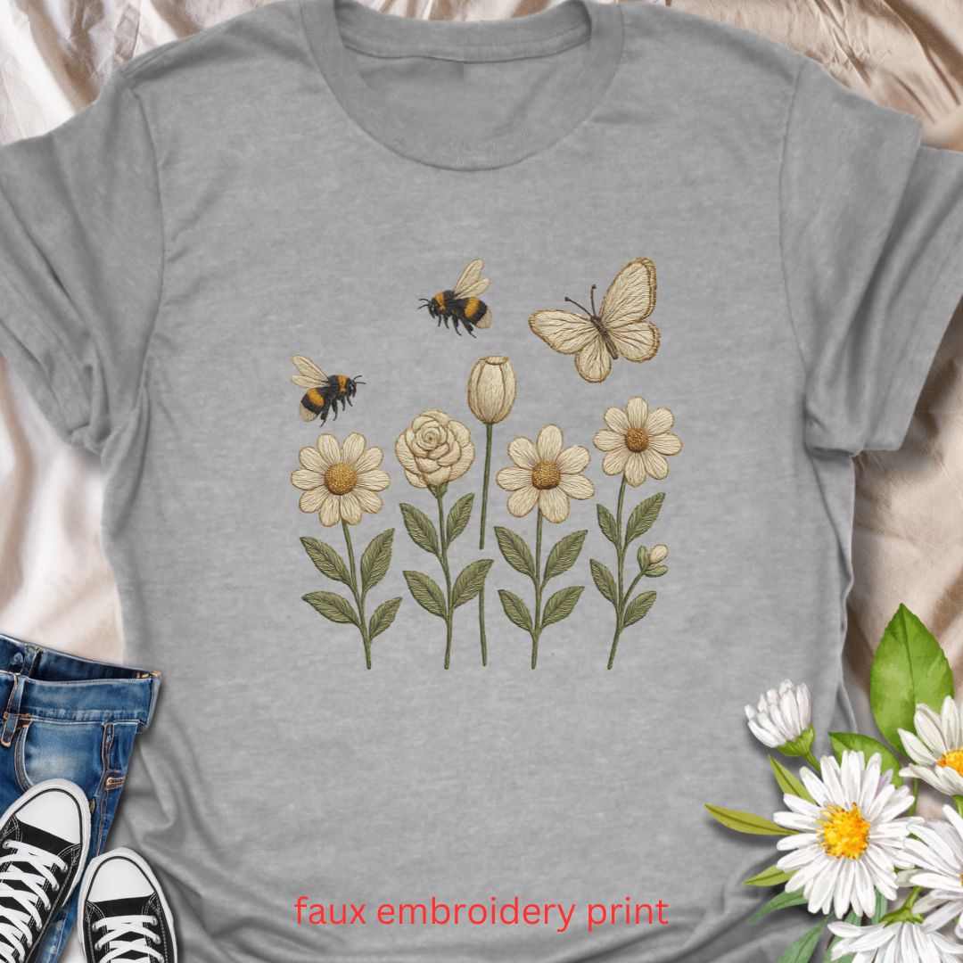 Celebrate the beauty of pollinators with this faux embroidery t-shirt featuring delicately stitched-look bees, a butterfly, and blooming white flowers. The design adds a charming, nature-inspired touch to your wardrobe—perfect for garden lovers, embroidery art fans, and anyone who appreciates floral elegance with a vintage twist.