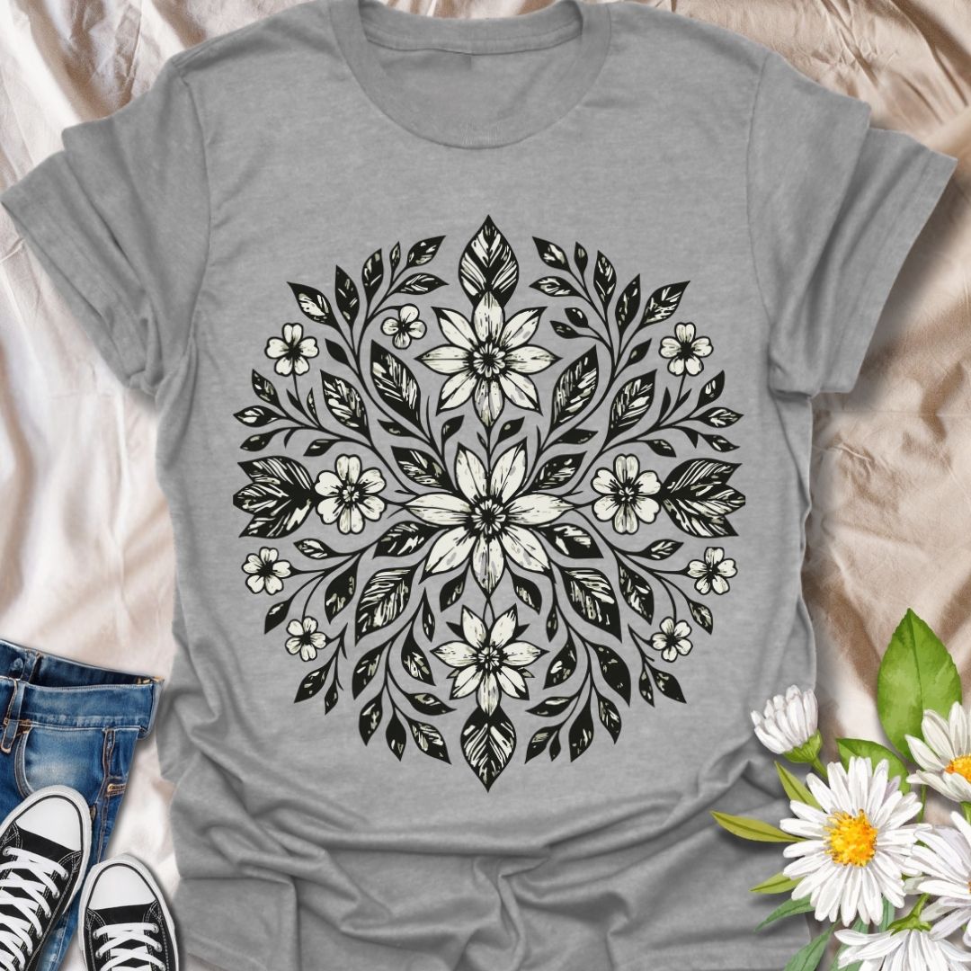 Elegant floral mandala t-shirt featuring intricate white line art flowers and leaves on a navy background. A beautifully detailed nature-inspired design perfect for garden lovers, boho fashion fans, and those who appreciate hand-drawn botanical art. Ideal for everyday wear, mindful gifting, or cottagecore style