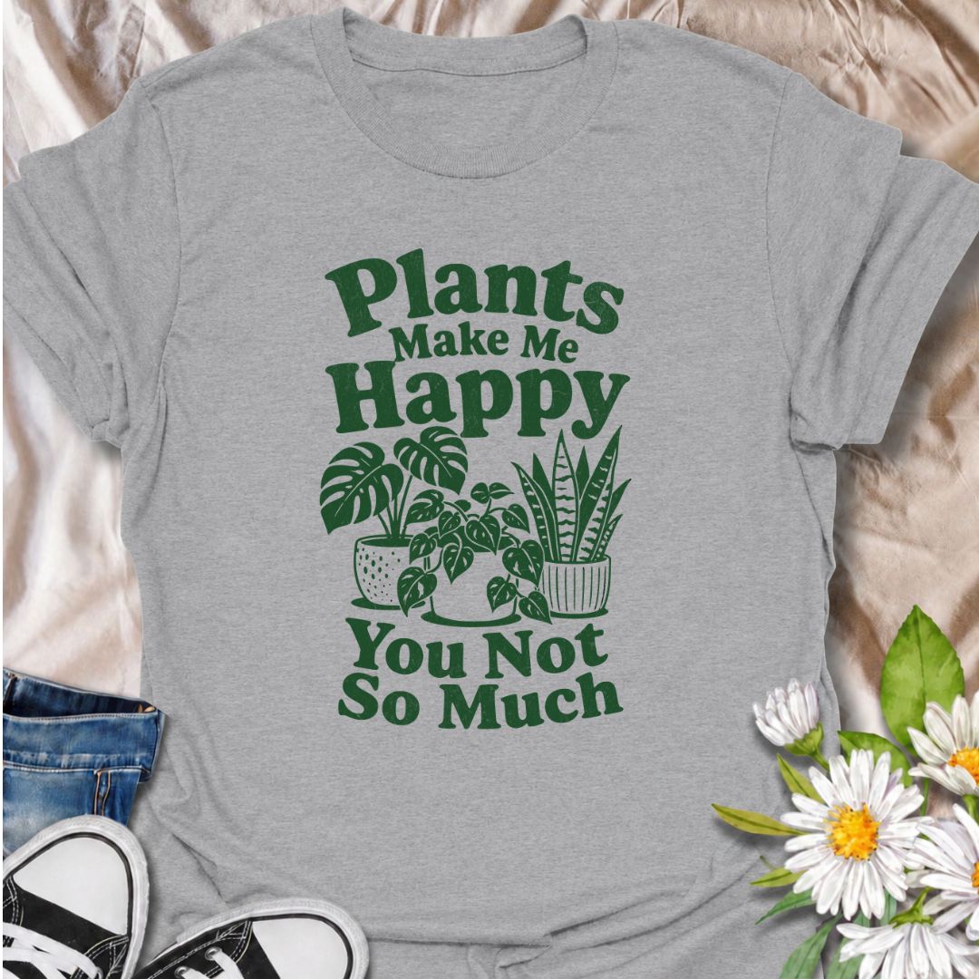 A funny plant T-shirt for anyone who would happily choose houseplants over people. The phrase “Plants Make Me Happy. You Not So Much.” delivers dry, slightly sarcastic humor that plant lovers and indoor gardeners will instantly understand. Featuring simple potted houseplants and bold retro typography, the design stays clean, readable, and easy to wear. It makes a great gift for plant parents, houseplant collectors, and anyone with a growing indoor jungle and a low tolerance for nonsense. Ideal for nursery t