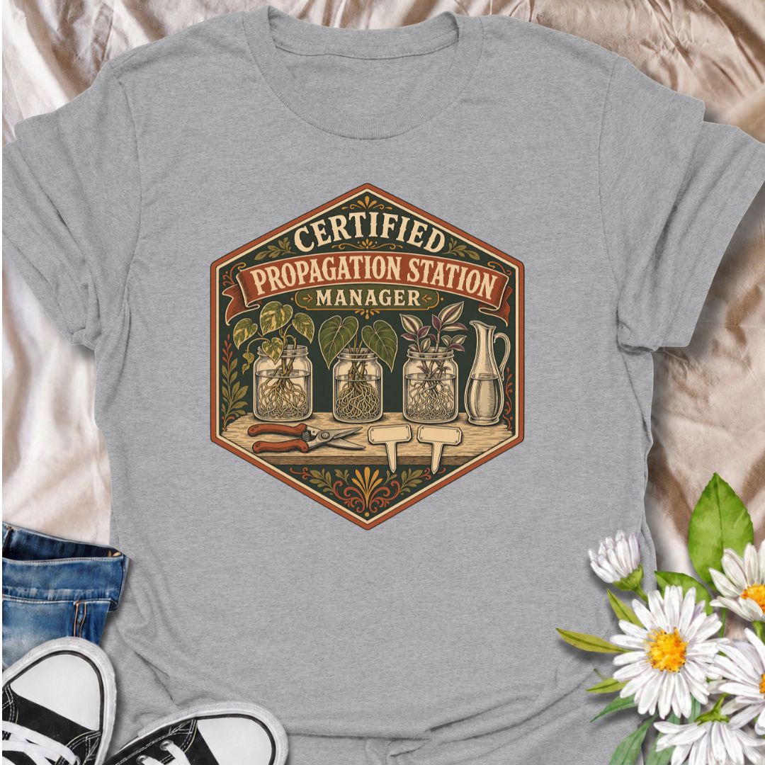 Show off your plant-growing expertise with this “Certified Propagation Station Manager” T-shirt. Featuring rooted cuttings in glass jars, plant markers, pruning shears, and a vintage badge-style design, it is perfect for plant lovers who always have a propagation project underway. A fun gift for houseplant collectors, plant moms, and indoor gardeners.