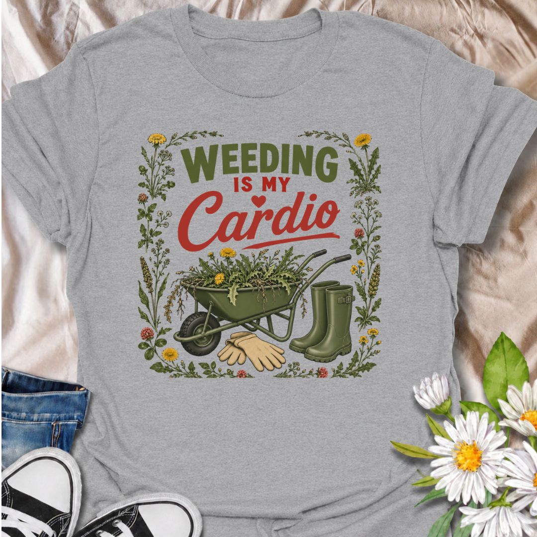 Trade the treadmill for the flower beds with this “Weeding Is My Cardio” T-shirt. Featuring a wheelbarrow full of weeds, gardening gloves, and muddy green boots, it is made for gardeners who get their exercise outdoors. A fun gift for vegetable growers, flower gardeners, and backyard garden enthusiasts.