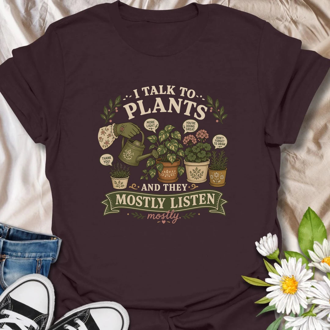 Funny plant lover t-shirt for people who talk to their plants and swear they listen.
Features potted plants, a watering can, and playful speech bubbles in a warm vintage botanical style.
A charming gift for plant moms, gardeners, and houseplant lovers with a soft spot for leafy companions.