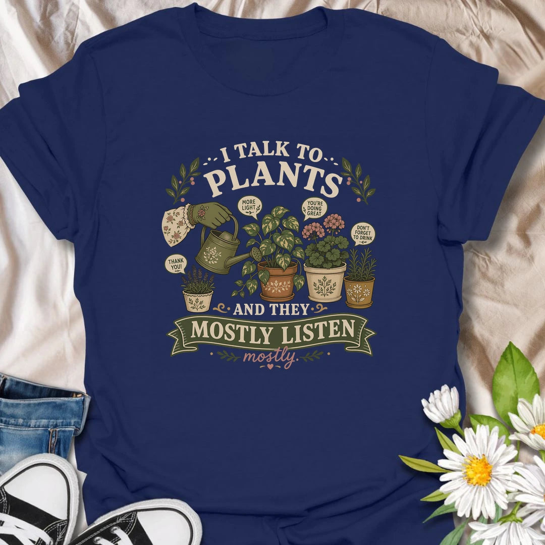 Funny plant lover t-shirt for people who talk to their plants and swear they listen.
Features potted plants, a watering can, and playful speech bubbles in a warm vintage botanical style.
A charming gift for plant moms, gardeners, and houseplant lovers with a soft spot for leafy companions.