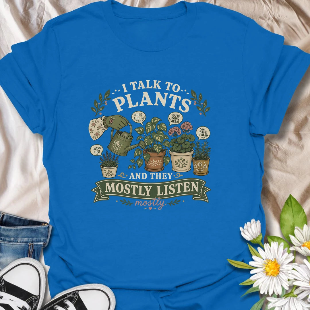 Funny plant lover t-shirt for people who talk to their plants and swear they listen.
Features potted plants, a watering can, and playful speech bubbles in a warm vintage botanical style.
A charming gift for plant moms, gardeners, and houseplant lovers with a soft spot for leafy companions.