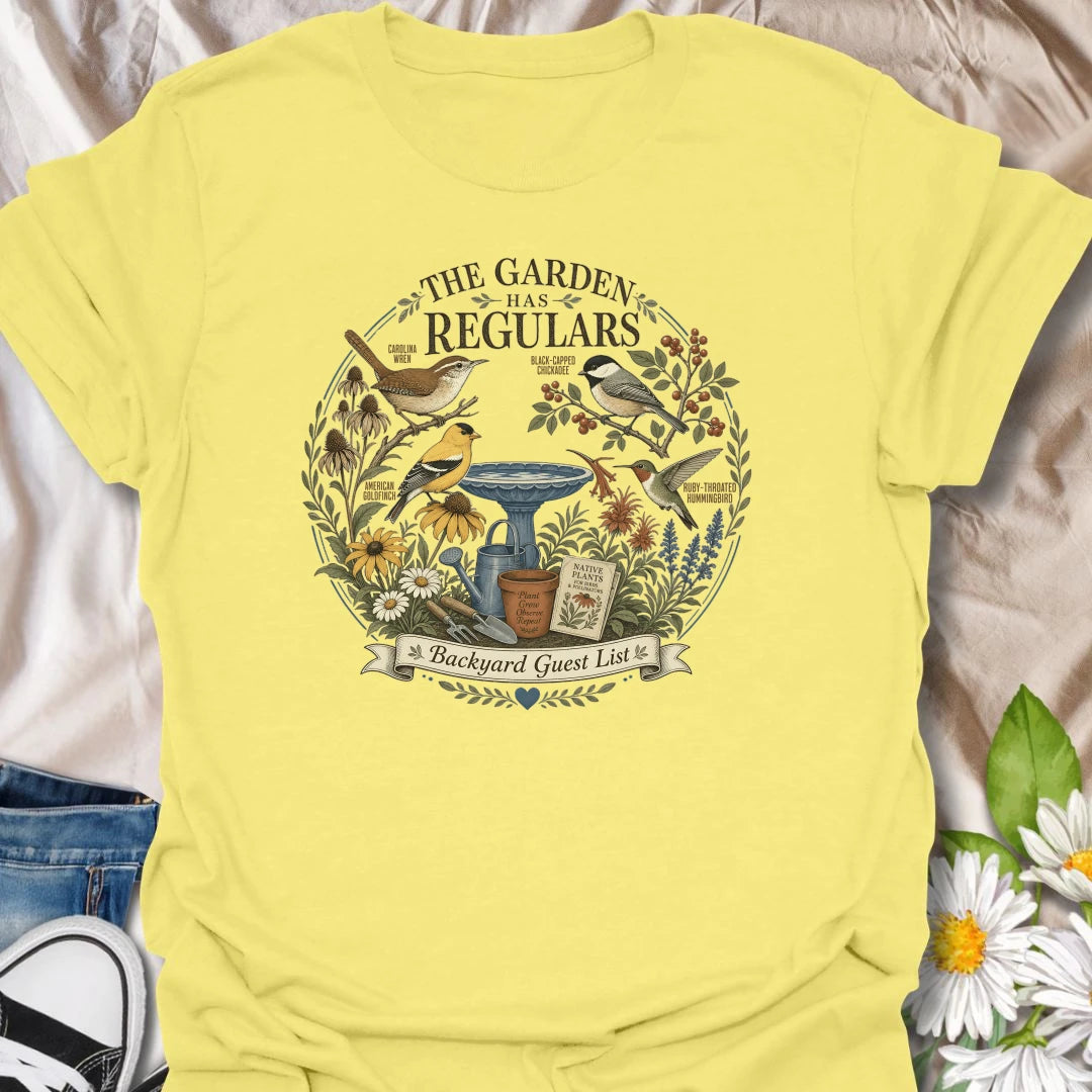 Backyard bird garden t-shirt featuring favorite garden visitors, native plants, birdbath, and pollinator-friendly garden charm.