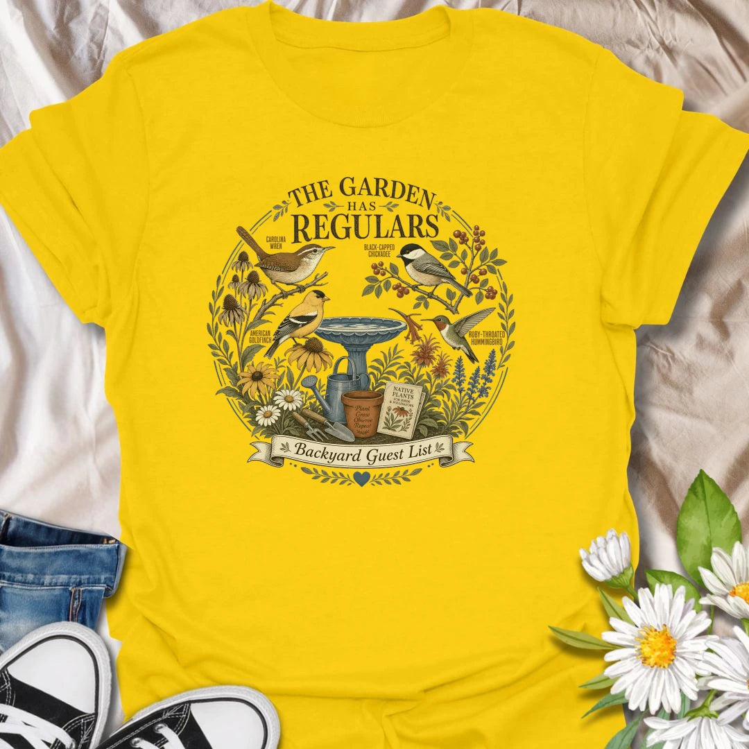Backyard bird garden t-shirt featuring favorite garden visitors, native plants, birdbath, and pollinator-friendly garden charm.