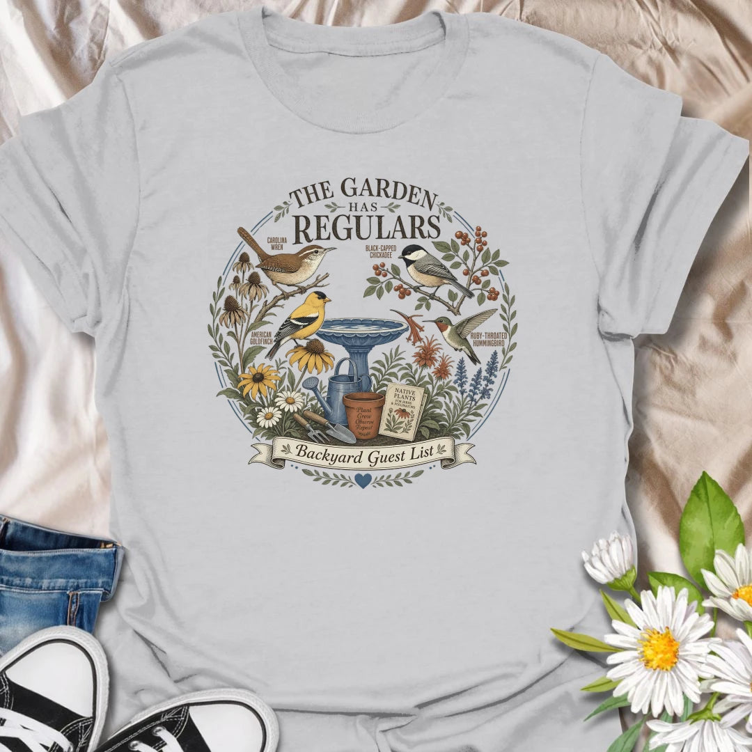Backyard bird garden t-shirt featuring favorite garden visitors, native plants, birdbath, and pollinator-friendly garden charm.