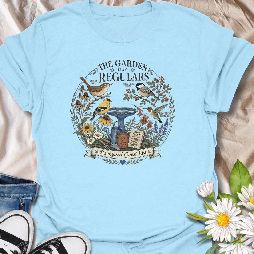 Backyard bird garden t-shirt featuring favorite garden visitors, native plants, birdbath, and pollinator-friendly garden charm.