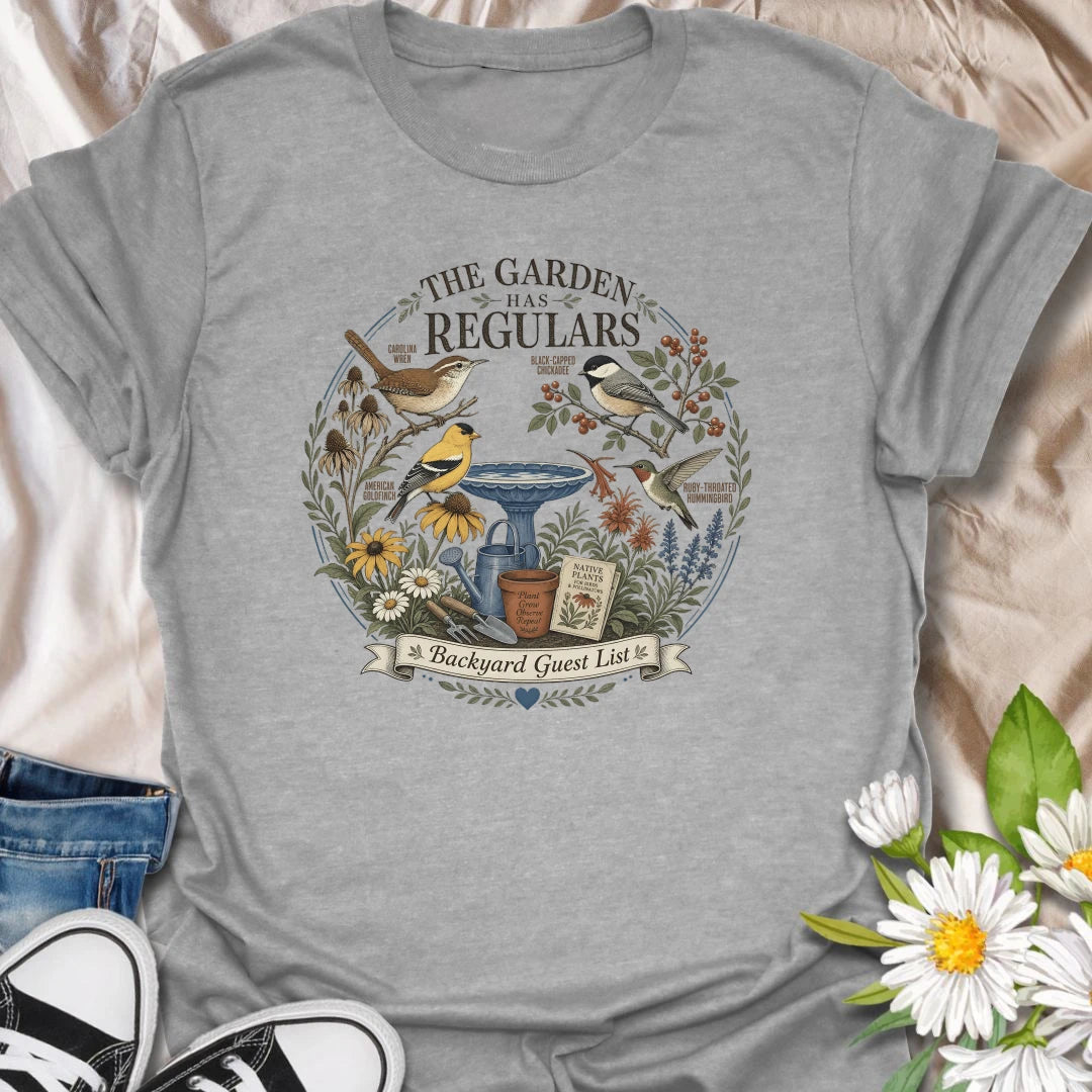 Backyard bird garden t-shirt featuring favorite garden visitors, native plants, birdbath, and pollinator-friendly garden charm.
