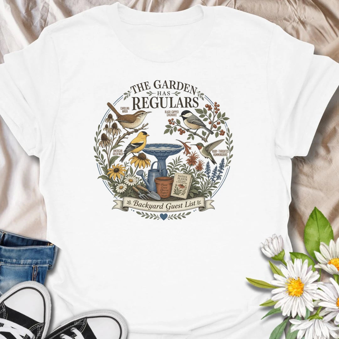Backyard bird garden t-shirt featuring favorite garden visitors, native plants, birdbath, and pollinator-friendly garden charm.