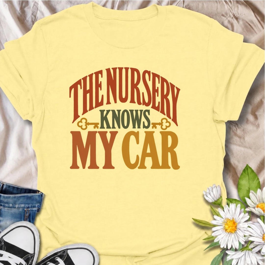 Show off your plant shopping habits with this funny “The Nursery Knows My Car” T-shirt. Featuring bold retro typography in warm botanical colors, this design is perfect for gardeners and plant lovers who visit the nursery far more often than they planned. A fun gift for plant moms, nursery regulars, and anyone who can never leave with just one plant.