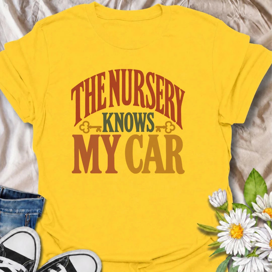 Show off your plant shopping habits with this funny “The Nursery Knows My Car” T-shirt. Featuring bold retro typography in warm botanical colors, this design is perfect for gardeners and plant lovers who visit the nursery far more often than they planned. A fun gift for plant moms, nursery regulars, and anyone who can never leave with just one plant.