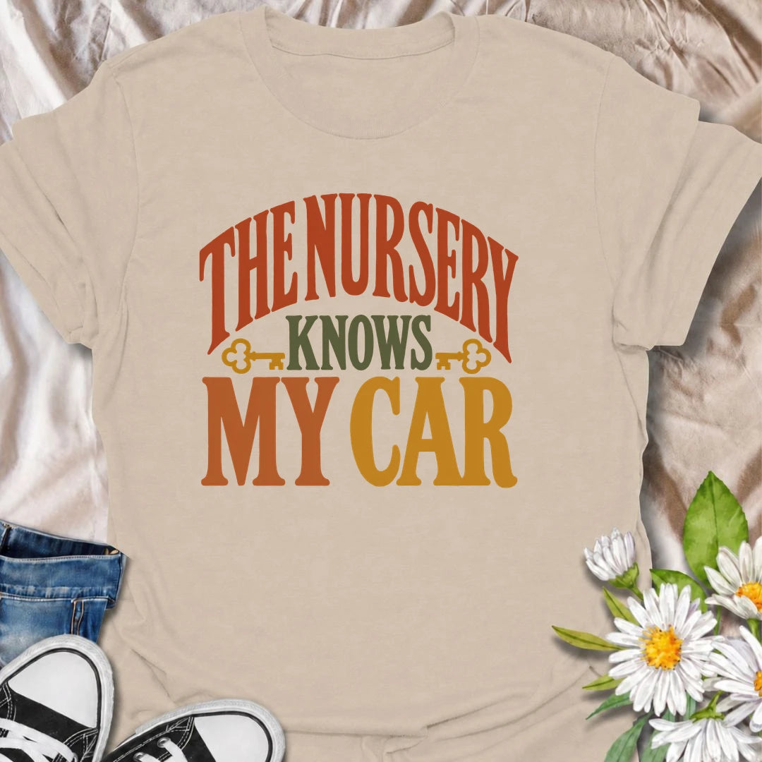Show off your plant shopping habits with this funny “The Nursery Knows My Car” T-shirt. Featuring bold retro typography in warm botanical colors, this design is perfect for gardeners and plant lovers who visit the nursery far more often than they planned. A fun gift for plant moms, nursery regulars, and anyone who can never leave with just one plant.