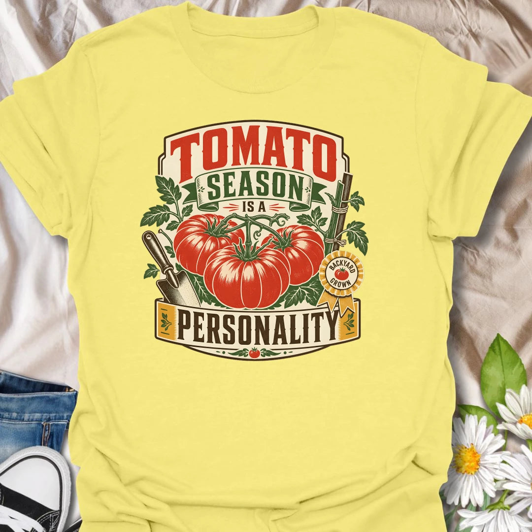 Tomato season t-shirt for backyard growers, veggie gardeners, and anyone whose summer personality is homegrown tomatoes.
