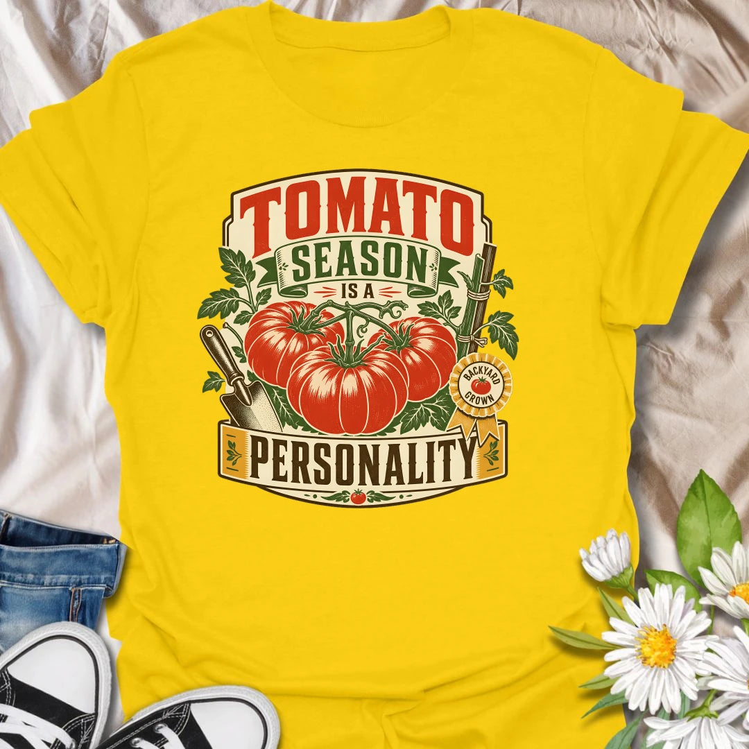 Tomato season t-shirt for backyard growers, veggie gardeners, and anyone whose summer personality is homegrown tomatoes.