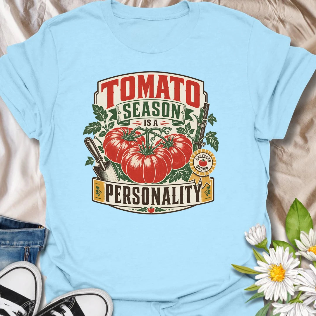 Tomato season t-shirt for backyard growers, veggie gardeners, and anyone whose summer personality is homegrown tomatoes.