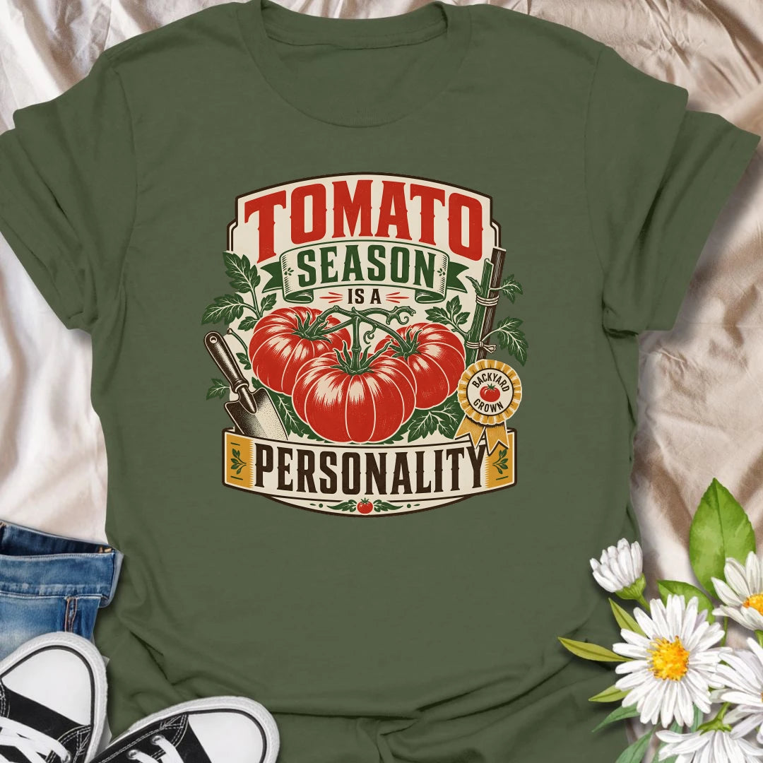 Tomato season t-shirt for backyard growers, veggie gardeners, and anyone whose summer personality is homegrown tomatoes.