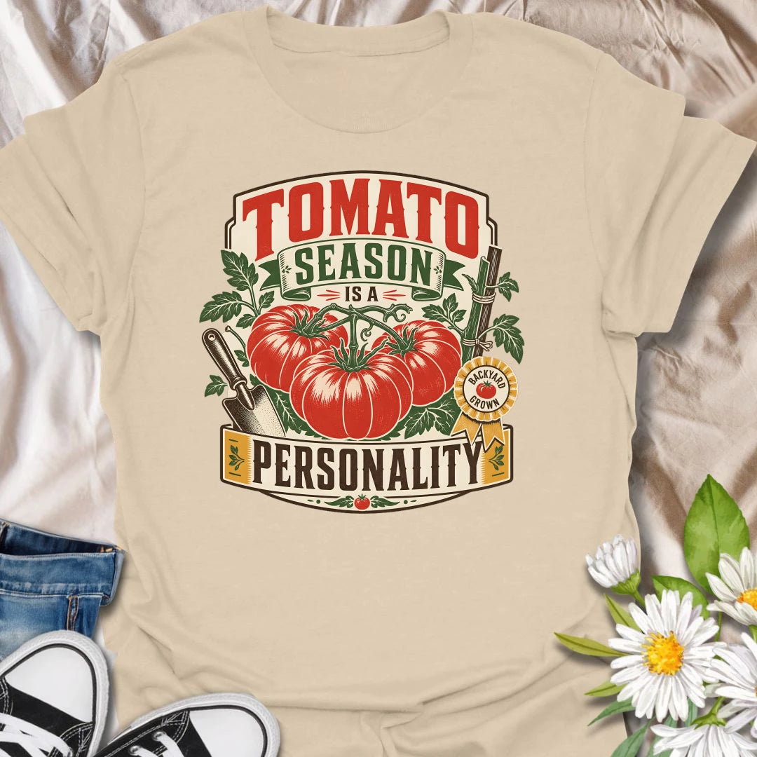 Tomato season t-shirt for backyard growers, veggie gardeners, and anyone whose summer personality is homegrown tomatoes.