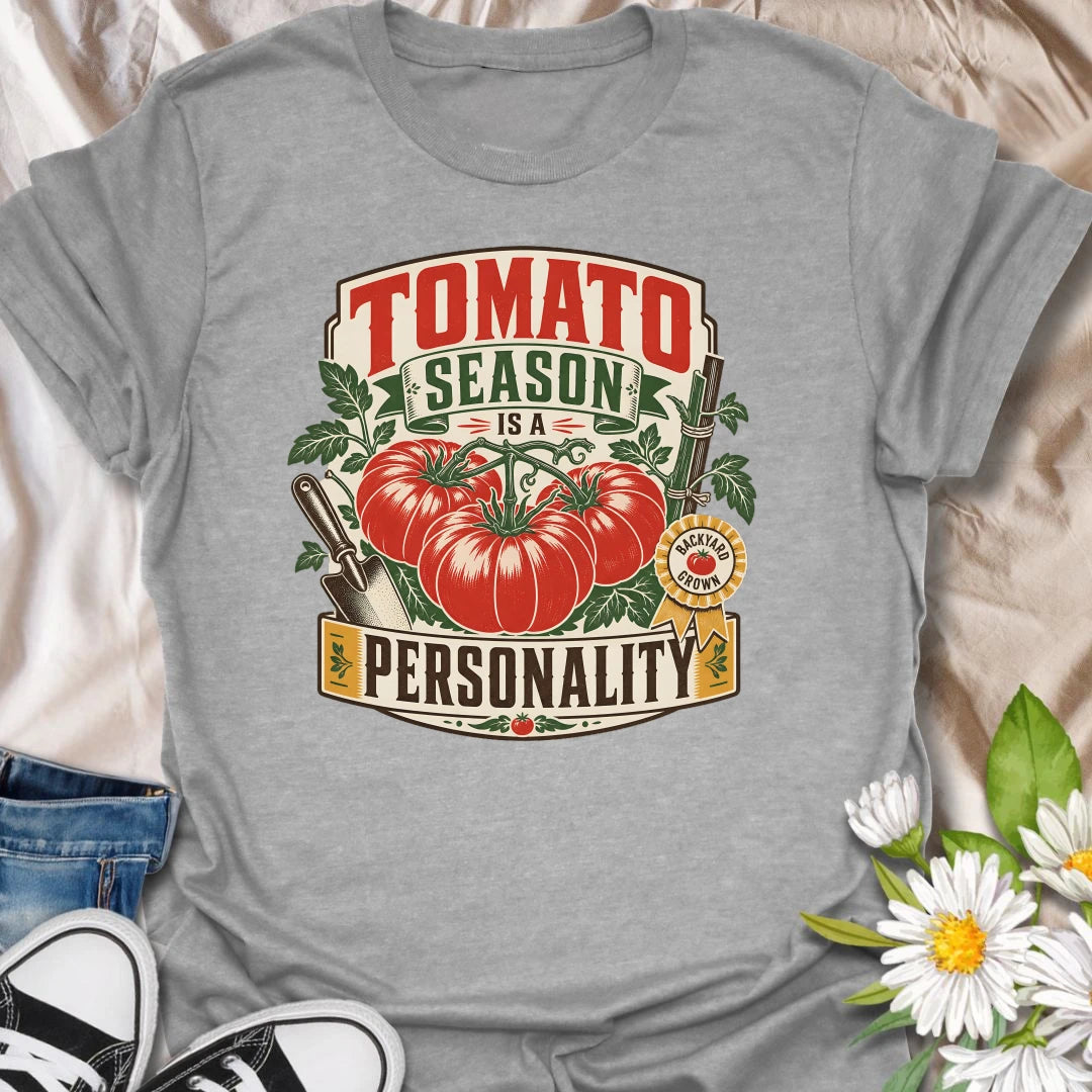 Tomato season t-shirt for backyard growers, veggie gardeners, and anyone whose summer personality is homegrown tomatoes.