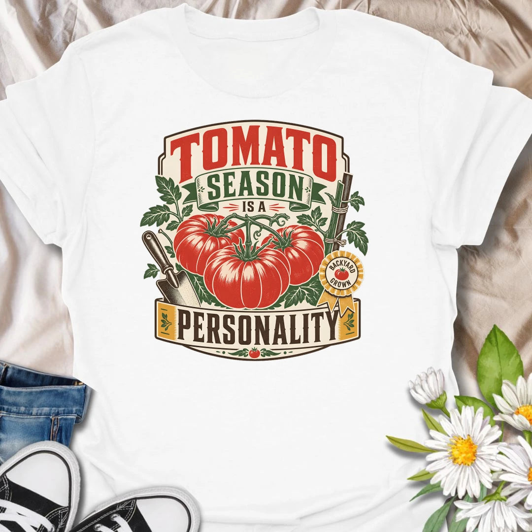 Tomato season t-shirt for backyard growers, veggie gardeners, and anyone whose summer personality is homegrown tomatoes.