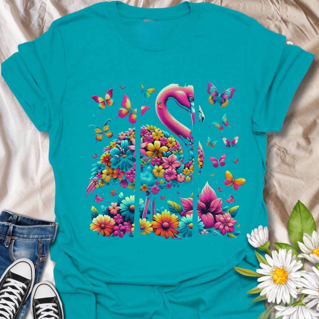 Brighten your wardrobe with this stunning flamingo made entirely of colorful flowers, surrounded by vibrant butterflies. Perfect for nature lovers, summer vibes, or anyone who adores flamingos and cheerful floral designs.