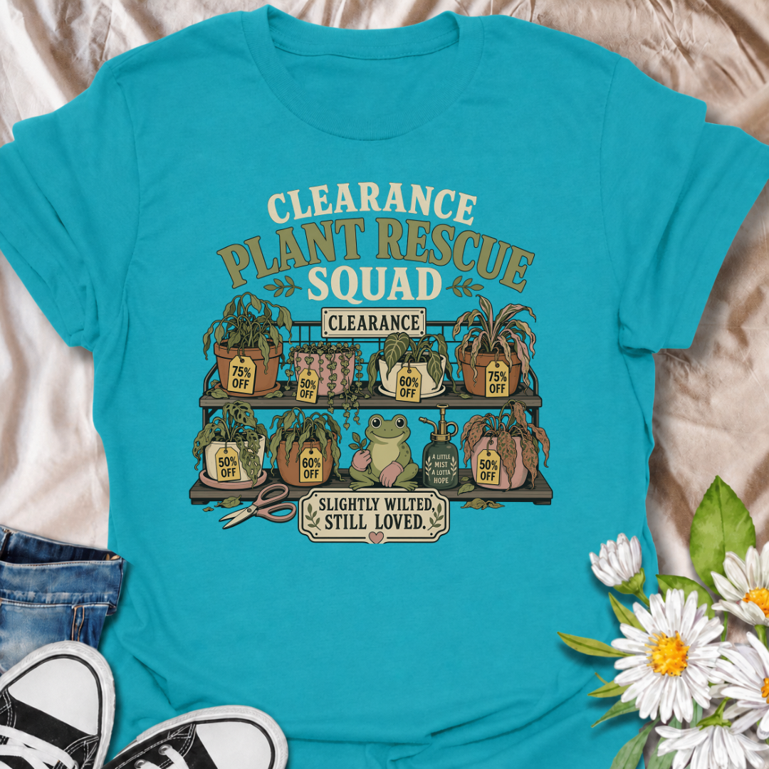 Give every wilted plant another chance with this “Clearance Plant Rescue Squad” T-shirt. Featuring discounted plants, sale tags, a hopeful frog, and the phrase “Slightly Wilted, Still Loved,” it celebrates every determined plant rescuer. A funny and heartfelt gift for gardeners who cannot leave a struggling plant behind.