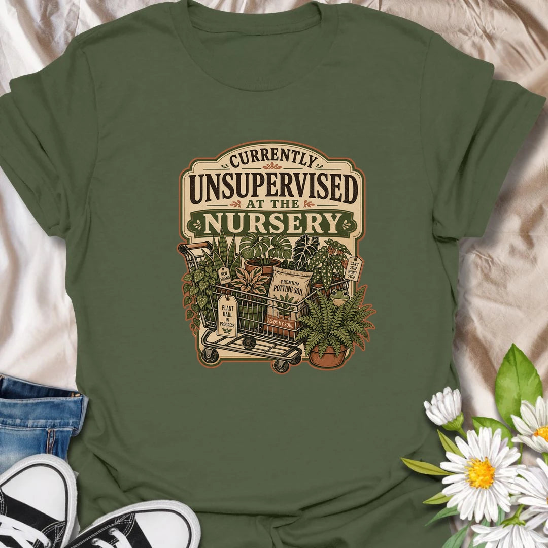 Funny plant shopping t-shirt for anyone who should never be left alone at the nursery.
Features a cart full of houseplants, potting soil, and playful plant-shopping details.
Perfect for plant lovers, plant moms, garden center regulars, and anyone who always comes home with extra plants.